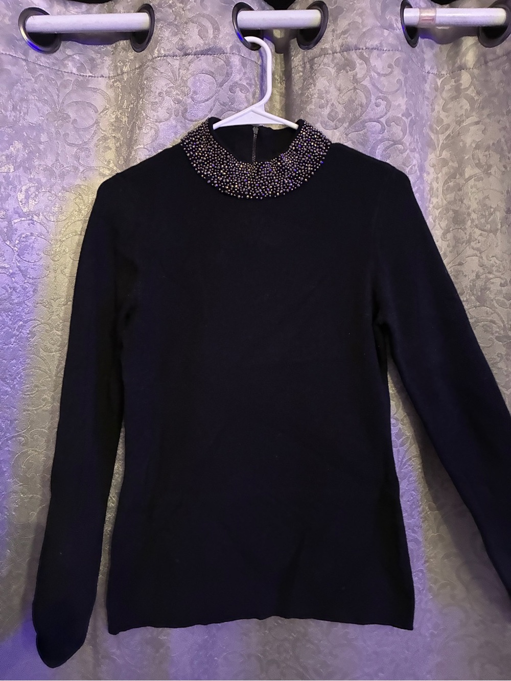 White House Black Market Black Beaded Collar Long-Sleeve Top